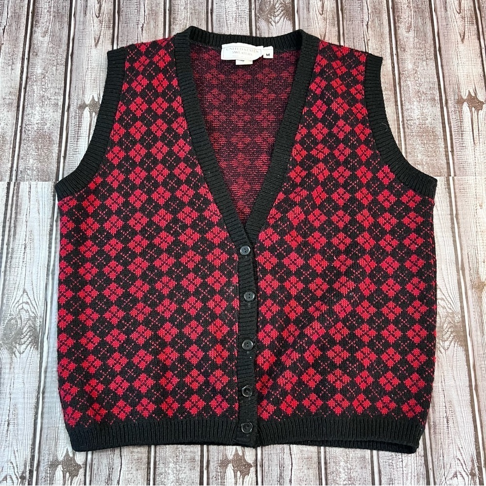Vintage United States Sweaters Red Black Checkered Plaid Button Up Sweater - M